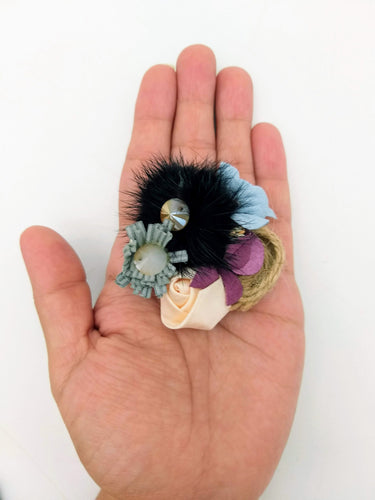 Hand Embroidered Black and Beige Floral Applique With Feather Pom Poms and Stones, 2 Pcs